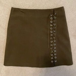 Olive green lace up skirt, mid-high waisted